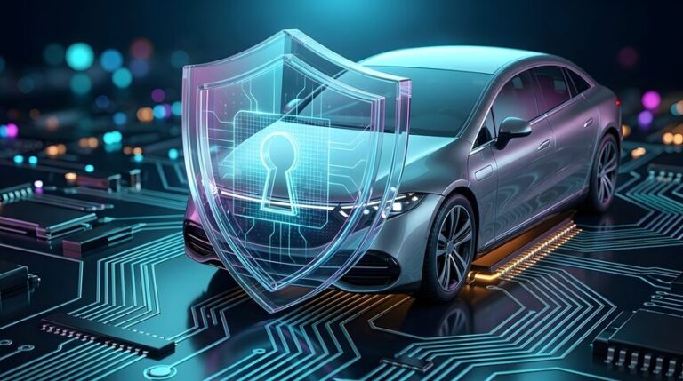 Un’auto color argento protetta da uno scudo di sicurezza digitale luminescente, su un circuito stampato futuristico a microchip.