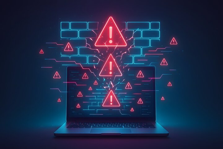 Un laptop sullo sfondo di un muro di mattoni digitali attraversato da una cascata di triangoli di avviso, con bagliore neon blu e rosa; concetto di violazione della sicurezza, cedimento del firewall, sfruttamento di vulnerabilità.