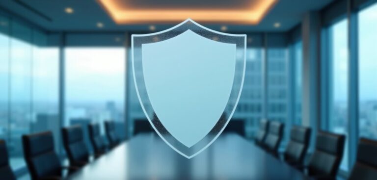 Uno scudo su vetro satinato, al centro di una sala riunioni vuota con sedie e tavolo, simbolo della sicurezza aziendale.