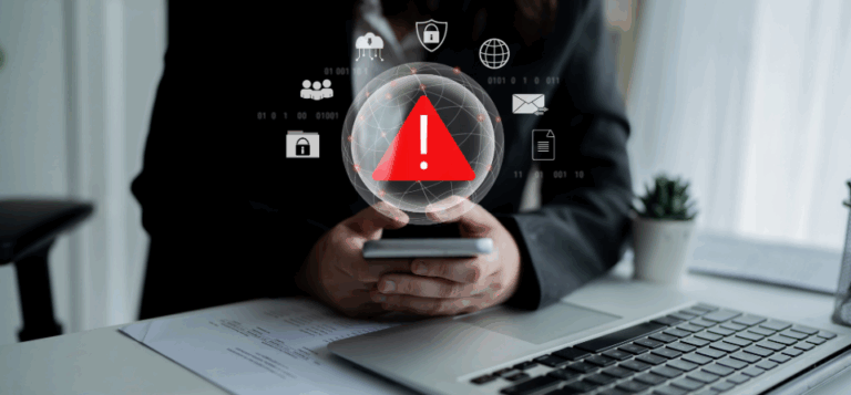 Un triangolo di avvertimento rosso che rappresenta una minaccia alla cybersecurity, circondato da icone di sicurezza digitale e protezione, simbolo della consapevolezza del rischio informatico.