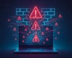 Un laptop sullo sfondo di un muro di mattoni digitali attraversato da una cascata di triangoli di avviso, con bagliore neon blu e rosa; concetto di violazione della sicurezza, cedimento del firewall, sfruttamento di vulnerabilità.