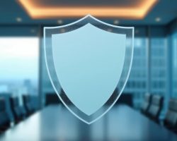 Uno scudo su vetro satinato, al centro di una sala riunioni vuota con sedie e tavolo, simbolo della sicurezza aziendale.