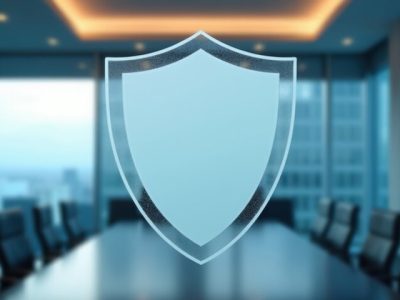 Uno scudo su vetro satinato, al centro di una sala riunioni vuota con sedie e tavolo, simbolo della sicurezza aziendale.